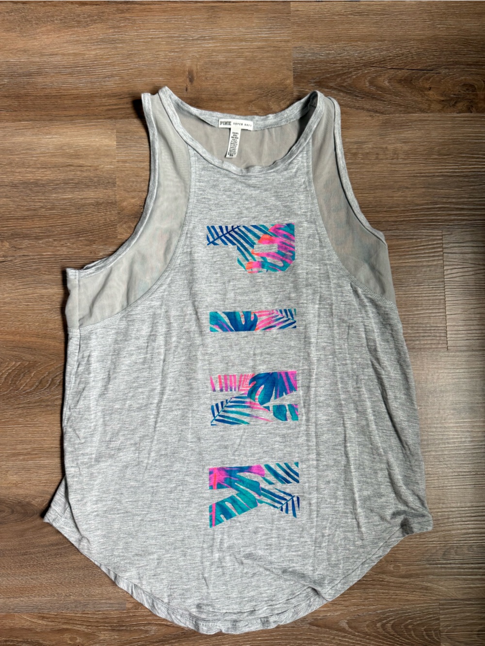 PINK Victoria's Secret Gray Tank with Blue and Pink Tropical Stripe Graphics